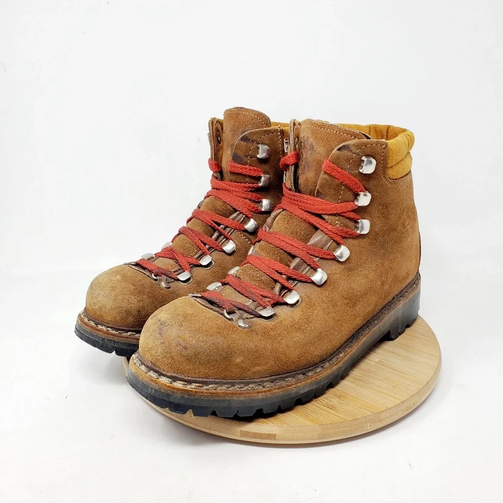 LOWA Boots Mens 6 N Brown Suede‎ Lace Up Trail Hiker Alpine Vintage Red Laces